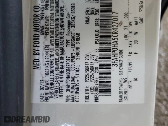 2012 Ford Fusion SE with VIN 3FAHP0HA5CR427017, listed as a Copart auction lot 64191425 with 211,924 mi miles and Salvage title. Bid and sale history available at DreamBid. Image 13.