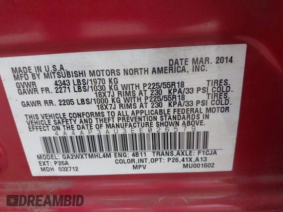 2014 Mitsubishi Outlander Sport ES with VIN 4A4AP3AU3EE026579, listed as a IAAI auction lot 41833606 with 104,583 mi miles. Bid and sale history available at carsss.com. Image 9.