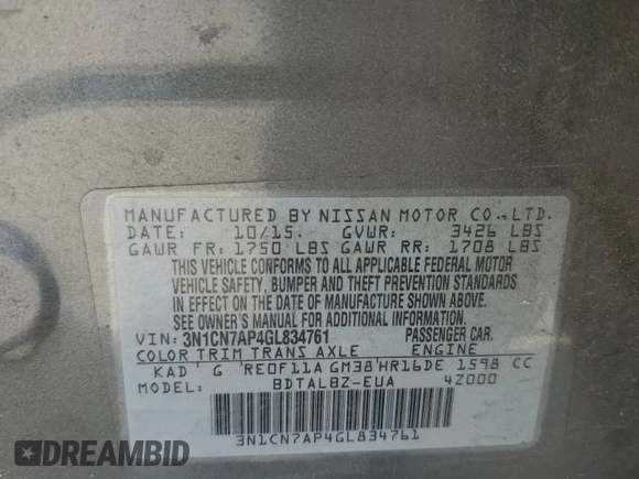 2016 Nissan Versa SV with VIN 3N1CN7AP4GL834761, listed as a Copart auction lot 55761875 with 127,869 mi miles and Salvage title. Bid and sale history available at DreamBid. Image 13.