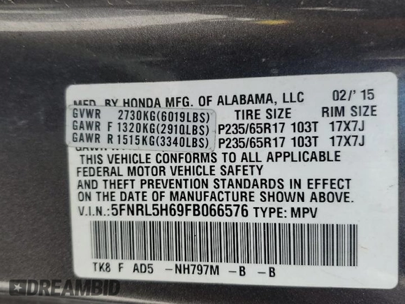 2015 Honda Odyssey EX-L z VIN 5FNRL5H69FB066576, wystawiony jako Copart lot #53834915 z przebiegiem 145 113 mil mil oraz Szkoda całkowita • Salvage title. Historia ofert i sprzedaży dostępna na DreamBid. Obrazek 12.