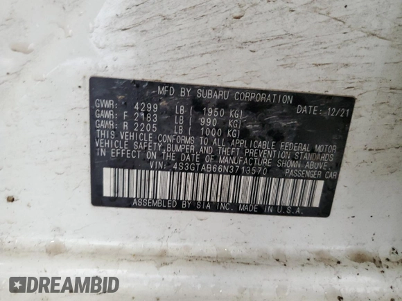 2022 Subaru Impreza с VIN 4S3GTAB66N3713570, выставлен на аукционе Copart как лот 60326524 с пробегом Не указан миль и Списание • Salvage title. История ставок и продаж доступна на DreamBid. Изображение 12.