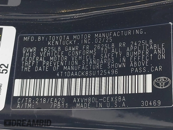 2025 Toyota Camry LE with VIN 4T1DAACK8SU125496, listed as a IAAI auction lot 42206200 with 937 mi miles and . Bid and sale history available at DreamBid. Image 9.