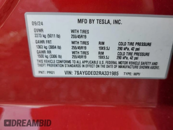 2024 Tesla Model Y with VIN 7SAYGDED2RA331985, listed as a Copart auction lot 60240705 with Not provided miles and Salvage title. Bid and sale history available at DreamBid. Image 12.
