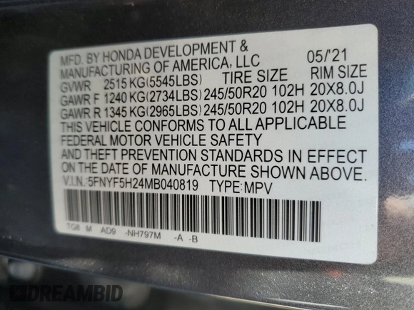 2021 Honda Pilot Special Edition with VIN 5FNYF5H24MB040819, listed as a Copart auction lot 42848155 with 48,645 mi miles and Salvage Title. Bid and sale history available at DreamBid. Image 16.