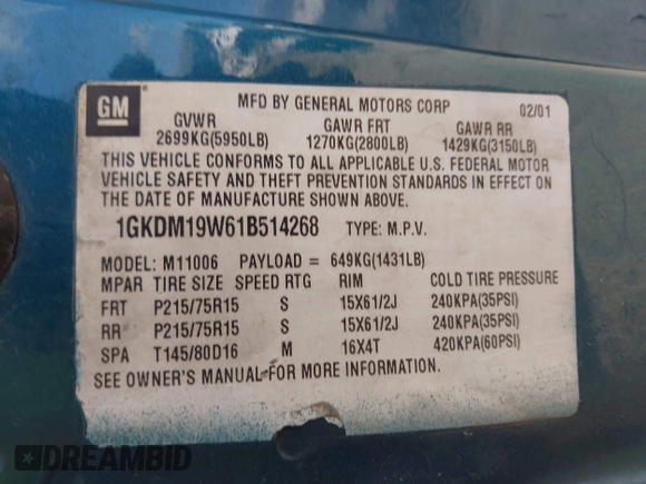 2001 GMC Safari z VIN 1GKDM19W61B514268, wystawiony jako IAAI lot #41936185 z przebiegiem 159 881 mil mil oraz . Historia ofert i sprzedaży dostępna na DreamBid. Obrazek 9.