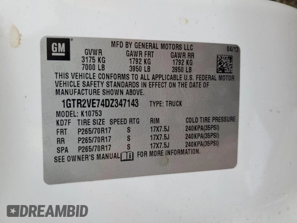 2013 GMC Sierra 1500 SLE with VIN 1GTR2VE74DZ347143, listed as a Copart auction lot 51798955 with 143,796 mi miles and Salvage Title. Bid and sale history available at DreamBid. Image 13.