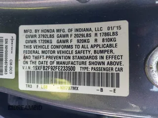 2015 Honda Civic EX-L with VIN 19XFB2F92FE233500, listed as a IAAI auction lot 41136069 with 115,484 mi miles and . Bid and sale history available at DreamBid. Image 9.
