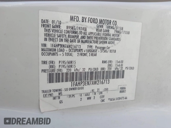 2010 Ford Focus S with VIN 1FAHP3EN7AW216713, listed as a IAAI auction lot 41479412 with 258,816 mi miles. Bid and sale history available at carsss.com. Image 9.
