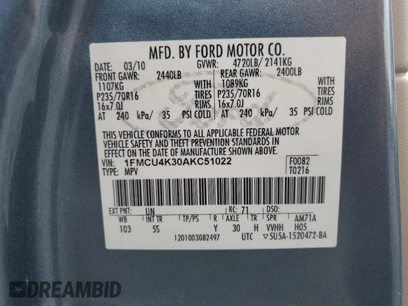 2010 Ford Escape Hybrid with VIN 1FMCU4K30AKC51022, listed as a Copart auction lot 51014615 with 128,275 mi miles and Salvage title. Bid and sale history available at DreamBid. Image 16.