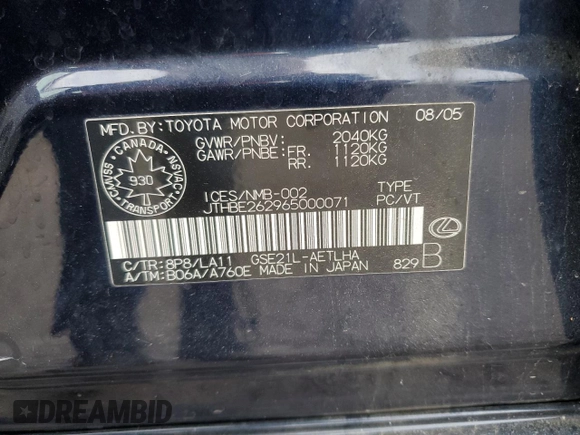 2006 Lexus IS 350 with VIN JTHBE262965000071, listed as a Copart auction lot 82420324 with 203,383 mi miles and Clean title. Bid and sale history available at DreamBid. Image 13.