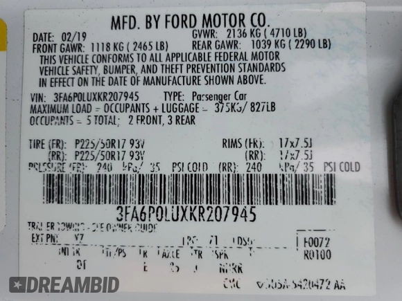 2019 Ford Fusion SE with VIN 3FA6P0LUXKR207945, listed as a Copart auction lot 48043383 with 137,807 mi miles and . Bid and sale history available at DreamBid. Image 13.
