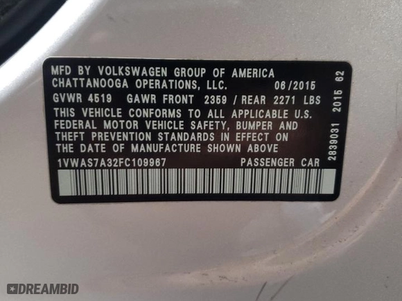 2015 Volkswagen Passat 1.8T S with VIN 1VWAS7A32FC109967, listed as a Copart auction lot 43998695 with 128,354 mi miles and Salvage Title. Bid and sale history available at carsss.com. Image 13.