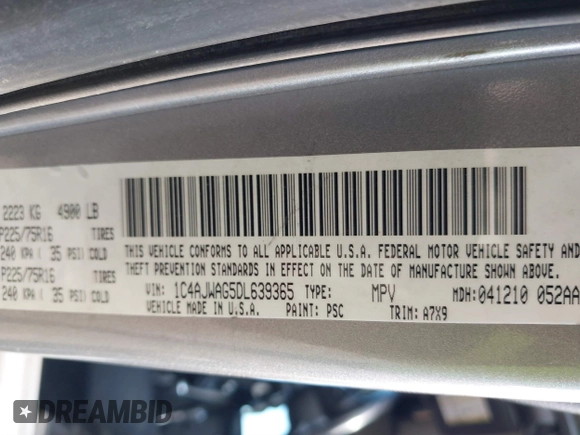 2013 Jeep Wrangler Sport with VIN 1C4AJWAG5DL639365, listed as a IAAI auction lot 40342277 with 117,109 mi miles and . Bid and sale history available at DreamBid. Image 9.