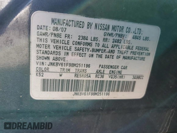 2008 Infiniti G35 x with VIN JNKBV61F98M251196, listed as a Copart auction lot 76762034 with 189,193 mi miles and Salvage Title. Bid and sale history available at DreamBid. Image 12.