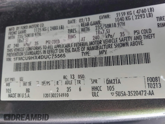 2013 Ford Escape SEL with VIN 1FMCU9HX4DUC75565, listed as a IAAI auction lot 42574351 with 180,876 mi miles and . Bid and sale history available at DreamBid. Image 9.