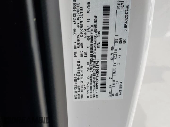 2019 Ford F-350 XL with VIN 1FT8W3DT9KEG33741, listed as a Copart auction lot 59257985 with 60,618 mi miles and Salvage title. Bid and sale history available at DreamBid. Image 12.