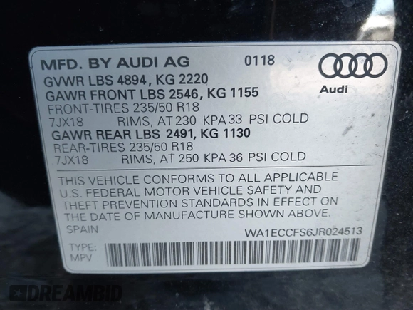 2018 Audi Q3 Premium with VIN WA1ECCFS6JR024513, listed as a IAAI auction lot 40835409 with 102,547 mi miles. Bid and sale history available at carsss.com. Image 9.