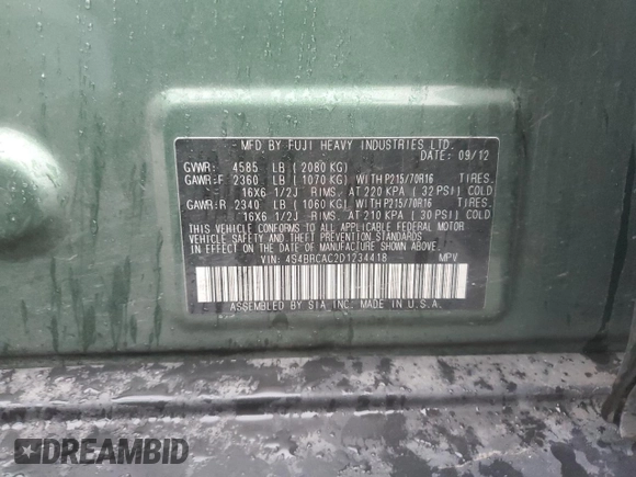 2013 Subaru Outback 2.5i z VIN 4S4BRCAC2D1234418, wystawiony jako Copart lot #87262024 z przebiegiem 166 787 mil mil oraz Szkoda całkowita • Salvage title. Historia ofert i sprzedaży dostępna na DreamBid. Obrazek 14.