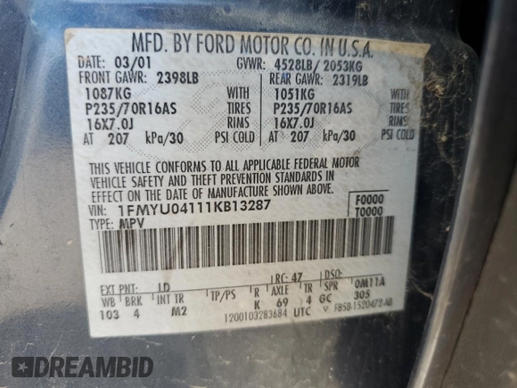 2001 Ford Escape XLT z VIN 1FMYU04111KB13287, wystawiony jako Copart lot #62183415 z przebiegiem 237 142 mil mil oraz Szkoda całkowita • Salvage title. Historia ofert i sprzedaży dostępna na DreamBid. Obrazek 12.