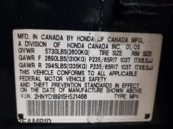 2005 Acura MDX Touring with VIN 2HNYD18915H521466, listed as a Copart auction lot 87730455 with 182,893 mi miles and Salvage Title. Bid and sale history available at carsss.com. Image 12.