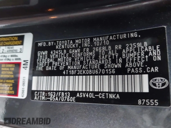 2011 Toyota Camry LE with VIN 4T1BF3EK0BU670156, listed as a IAAI auction lot 41963803 with 188,653 mi miles and . Bid and sale history available at carsss.com. Image 9.