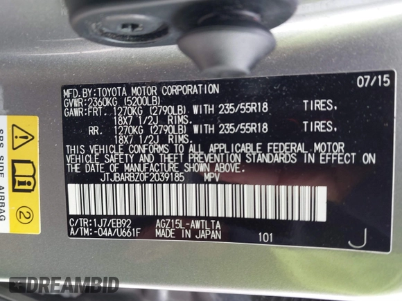 2015 Lexus NX 200t z VIN JTJBARBZ0F2039185, wystawiony jako IAAI lot #41363464 z przebiegiem 178 920 mil mil oraz . Historia ofert i sprzedaży dostępna na DreamBid. Obrazek 9.