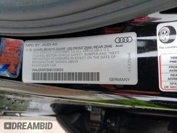 2016 Audi A6 2.0T Premium with VIN WAUCFAFC8GN103633, listed as a Copart auction lot 37440303 with 70,759 mi miles. Bid and sale history available at carsss.com. Image 12.