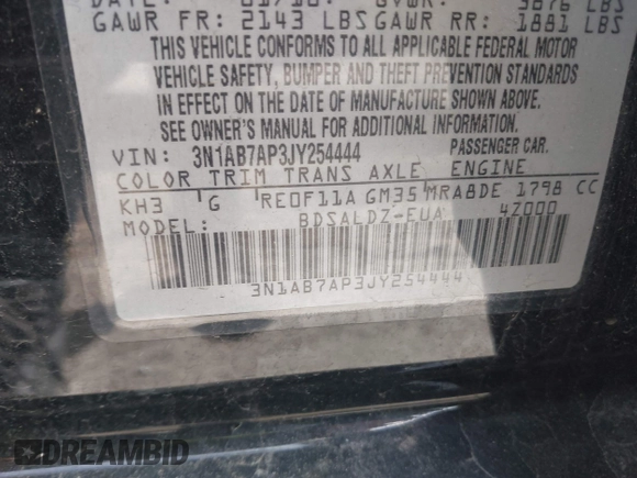 2018 Nissan Sentra SV z VIN 3N1AB7AP3JY254444, wystawiony jako IAAI lot #42303145 z przebiegiem 97 286 mil mil oraz . Historia ofert i sprzedaży dostępna na DreamBid. Obrazek 9.