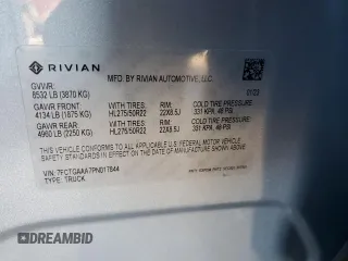 2023 Rivian R1T Adventure with VIN 7FCTGAAA7PN017844, listed as a Copart auction lot 44261105 with 4,590 mi miles and Clean Title. Bid and sale history available at carsss.com. Image 12.