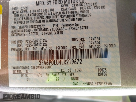 2020 Ford Fusion SE with VIN 3FA6P0LU4LR219672, listed as a IAAI auction lot 42331193 with 60,500 mi miles and . Bid and sale history available at DreamBid. Image 9.