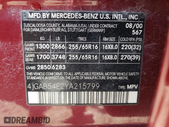 2000 Mercedes-Benz M 320/430/500 z VIN 4JGAB54E2YA215799, wystawiony jako Copart lot #44352735 z przebiegiem 178 269 mil mil oraz Czysty tytuł • Clean title. Historia ofert i sprzedaży dostępna na DreamBid. Obrazek 13.