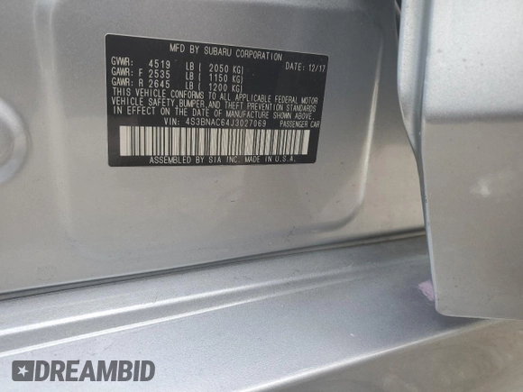 2018 Subaru Legacy Premium with VIN 4S3BNAC64J3027069, listed as a Copart auction lot 52967244 with Not Provided miles and Salvage Title. Bid and sale history available at DreamBid. Image 14.