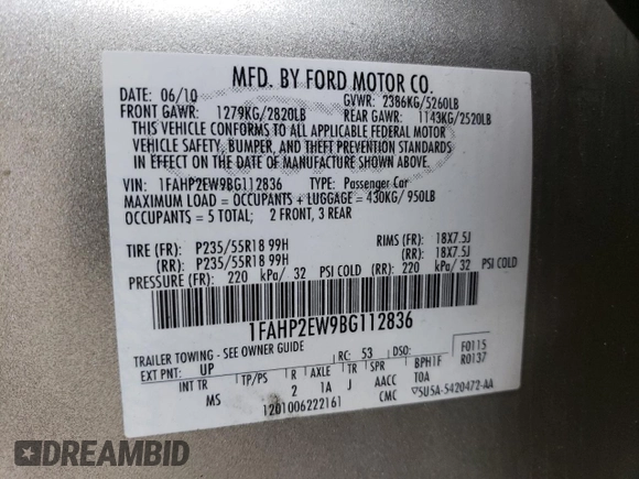 2011 Ford Taurus SEL with VIN 1FAHP2EW9BG112836, listed as a Copart auction lot 45584895 with 143,312 mi miles and Salvage Title. Bid and sale history available at carsss.com. Image 12.