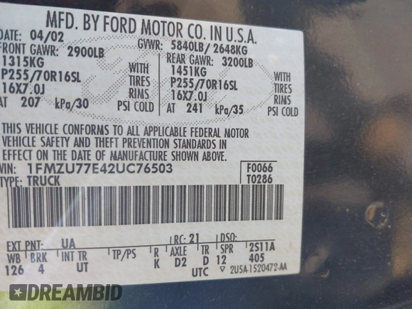 2002 Ford Explorer Sport Trac Value with VIN 1FMZU77E42UC76503, listed as a IAAI auction lot 42417103 with 192,990 mi miles and . Bid and sale history available at DreamBid. Image 9.