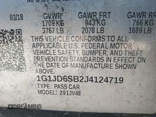 2018 Chevrolet Sonic LT z VIN 1G1JD6SB2J4124719, wystawiony jako IAAI lot #41744967 z przebiegiem 85 988 mil mil oraz . Historia ofert i sprzedaży dostępna na DreamBid. Obrazek 9.