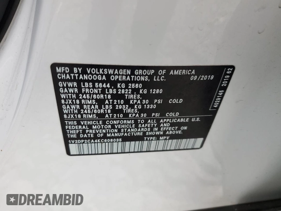 2019 Volkswagen Atlas SE z VIN 1V2DP2CA4KC608035, wystawiony jako Copart lot #79404024 z przebiegiem 90 464 mil mil oraz Szkoda całkowita • Salvage title. Historia ofert i sprzedaży dostępna na DreamBid. Obrazek 13.