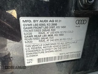 2021 Audi Q7 Premium Plus with VIN WA1LJAF78MD032627, listed as a Copart auction lot 50009015 with 128,942 mi miles and Clean title. Bid and sale history available at DreamBid. Image 10.