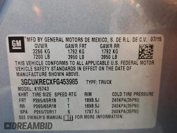 2015 Chevrolet Silverado 1500 LT with VIN 3GCUKRECXFG453985, listed as a Copart auction lot 51987285 with 101,417 mi miles and Salvage Title. Bid and sale history available at carsss.com. Image 12.