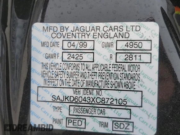 1999 Jaguar XJ z VIN SAJKD6043XC872105, wystawiony jako Copart lot #86270724 z przebiegiem Nie podano mil oraz Szkoda całkowita • Salvage title. Historia ofert i sprzedaży dostępna na DreamBid. Obrazek 14.