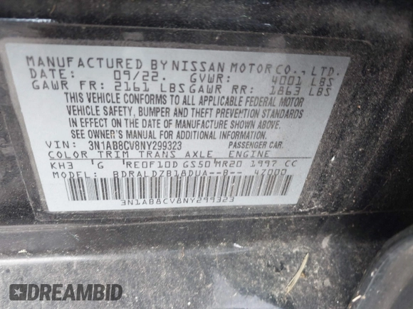 2022 Nissan Sentra SV with VIN 3N1AB8CV8NY299323, listed as a IAAI auction lot 40790960 with 33,560 mi miles and . Bid and sale history available at DreamBid. Image 9.