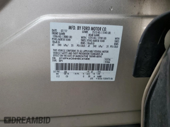 2017 Ford Edge SE с VIN 2FMPK4G94HBC41408, выставлен на аукционе Copart как лот 62564325 с пробегом 91 862 миль миль и Списание • Salvage title. История ставок и продаж доступна на DreamBid. Изображение 13.