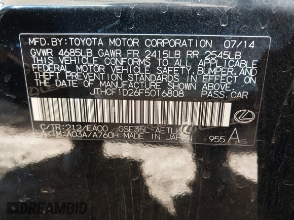 2015 Lexus IS 250 with VIN JTHCF1D26F5016808, listed as a IAAI auction lot 41530079 with 117,936 mi miles and . Bid and sale history available at DreamBid. Image 9.