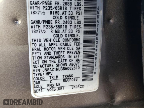 2011 Nissan Murano S with VIN JN8AZ1MU3BW062610, listed as a Copart auction lot 79045244 with 133,943 mi miles and Salvage Title. Bid and sale history available at carsss.com. Image 13.