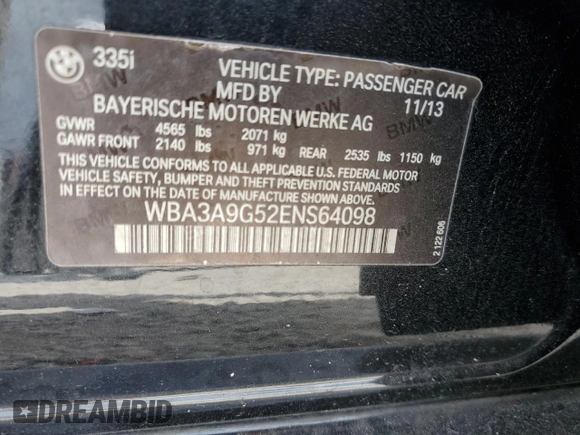 2014 BMW 3 Series 335i with VIN WBA3A9G52ENS64098, listed as a Copart auction lot 47794645 with 133,702 mi miles and Salvage Title. Bid and sale history available at carsss.com. Image 14.