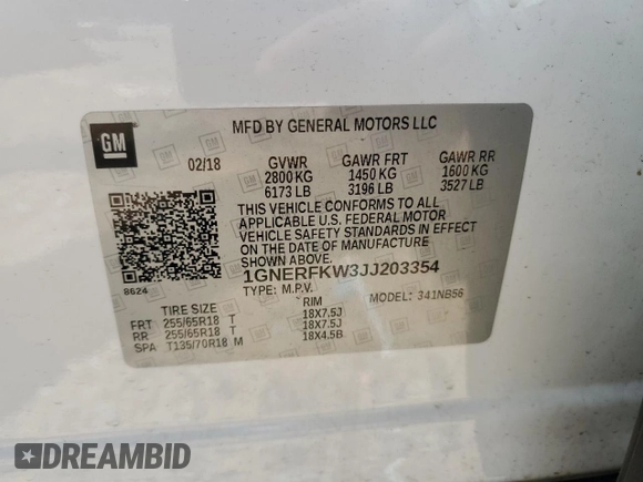 2018 Chevrolet Traverse LS z VIN 1GNERFKW3JJ203354, wystawiony jako Copart lot #54901925 z przebiegiem 110 898 mil mil oraz Szkoda całkowita • Salvage title. Historia ofert i sprzedaży dostępna na DreamBid. Obrazek 13.