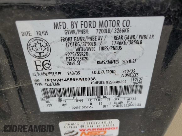 2006 Ford F-150 XLT z VIN 1FTPW14556FA18038, wystawiony jako Copart lot #61003485 z przebiegiem Nie podano mil oraz Czysty tytuł • Clean title. Historia ofert i sprzedaży dostępna na DreamBid. Obrazek 12.