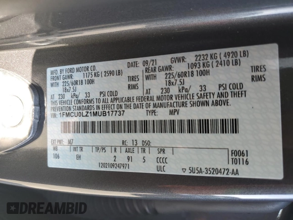 2021 Ford Escape Titanium Plug-In Hybrid z VIN 1FMCU0LZ1MUB17737, wystawiony jako Copart lot #57162592 z przebiegiem Nie podano mil oraz . Historia ofert i sprzedaży dostępna na DreamBid. Obrazek 10.