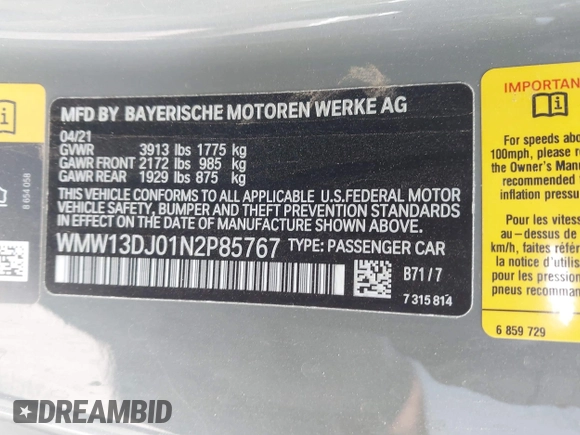 2022 MINI Hardtop Cooper SE z VIN WMW13DJ01N2P85767, wystawiony jako IAAI lot #41921346 z przebiegiem 17 446 mil mil oraz . Historia ofert i sprzedaży dostępna na DreamBid. Obrazek 9.