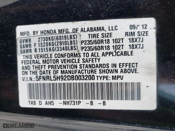 2013 Honda Odyssey Touring with VIN 5FNRL5H92DB003200, listed as a IAAI auction lot 41920237 with 167,483 mi miles. Bid and sale history available at carsss.com. Image 9.