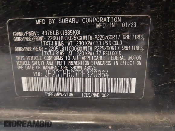 2023 Subaru Crosstrek Special Sports с VIN JF2GTHRC7PH320964, выставлен на аукционе IAAI как лот 41963988 с пробегом 68 585 миль миль и . История ставок и продаж доступна на DreamBid. Изображение 9.